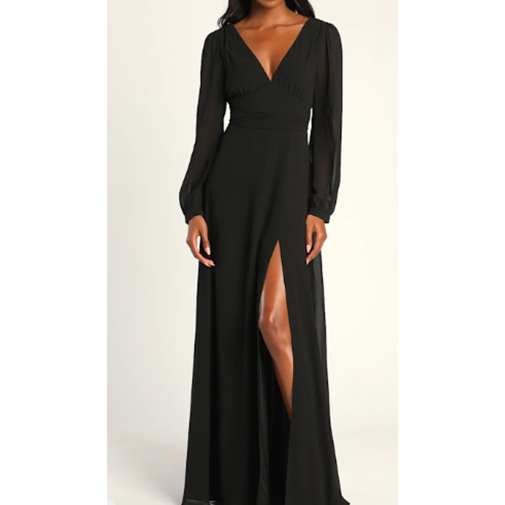 Lulu's Black V-Neck Long Sleeve Maxi Dress with High Slit